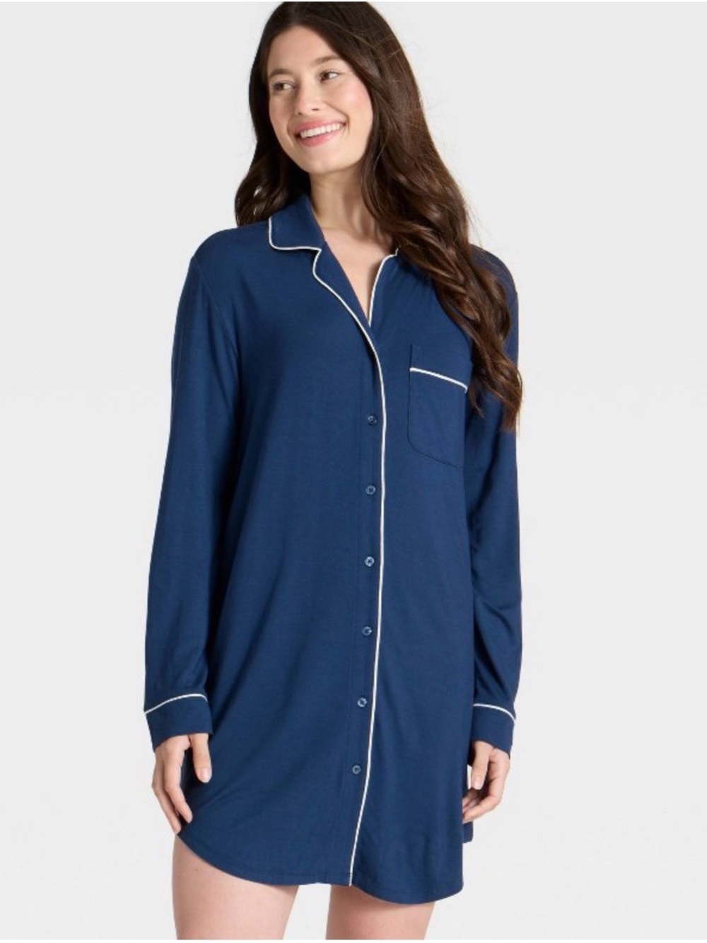 Classic Navy Long-Sleeve Women's Sleep Shirt with Contrast Piping